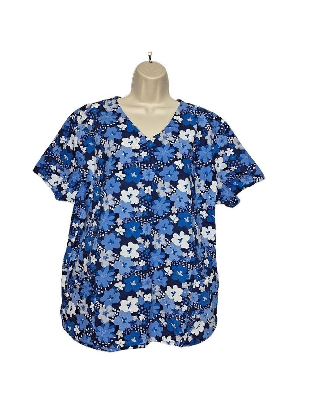 Zoe + Chloe Women's Floral Scrub Top Blue White Size 3XL